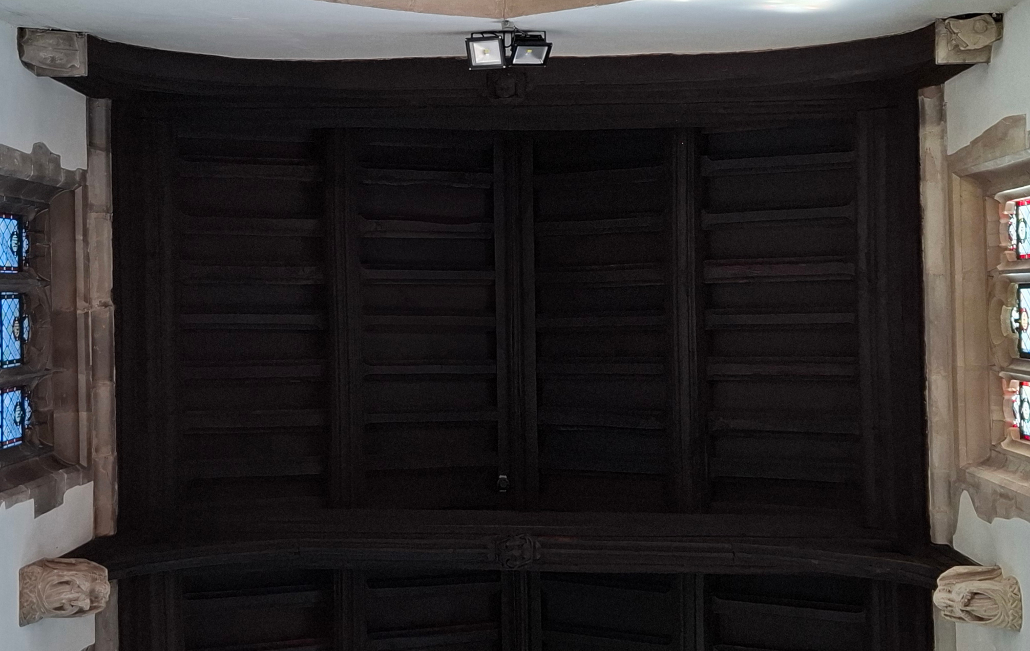 Chancel Bay CH6, west at the top, with four stone corner corbels and a wooden face on the western beam